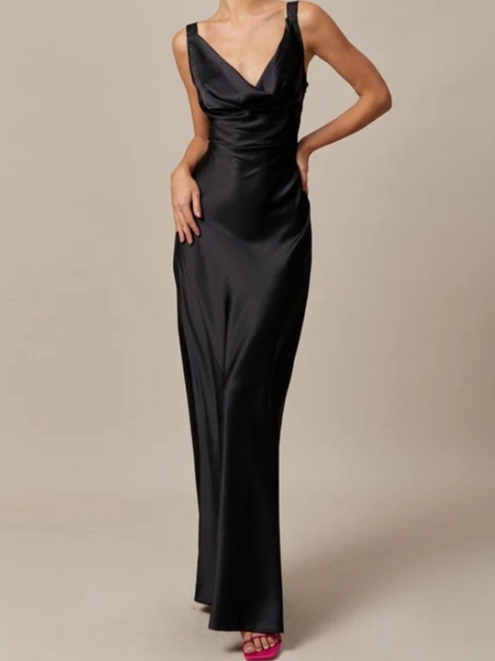 RIHOAS Black Cowl Neck Sheath Satin Maxi Dress